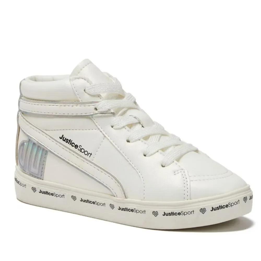 NWT Justice Sport Girls' Mid Court Iridescent Pearl Holographic Sneakers, Sz 4